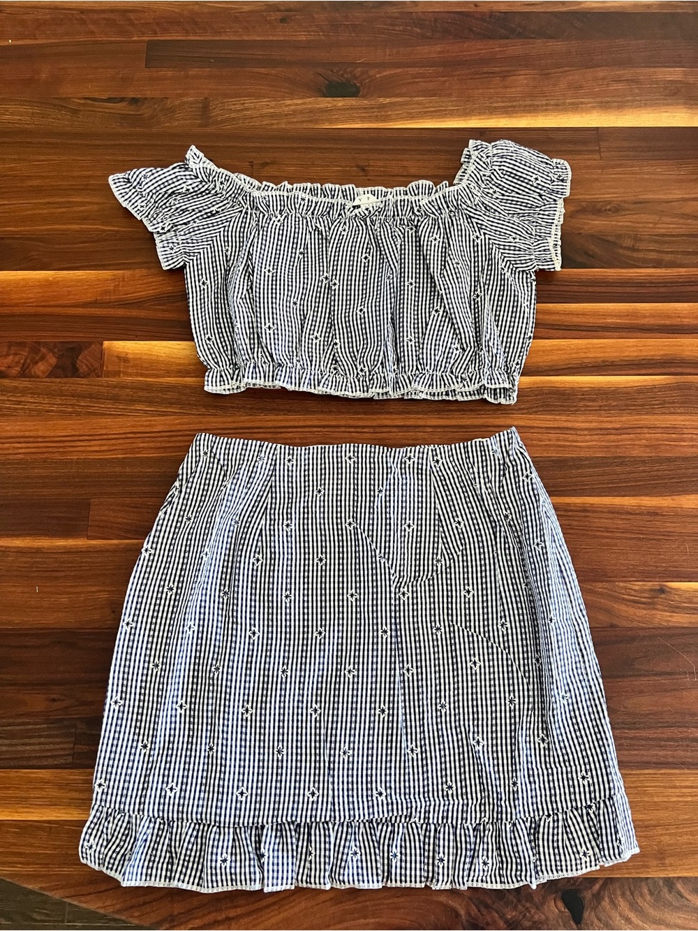 HYFVE Blue and White Striped Seersucker/ Gingham Skirt Set